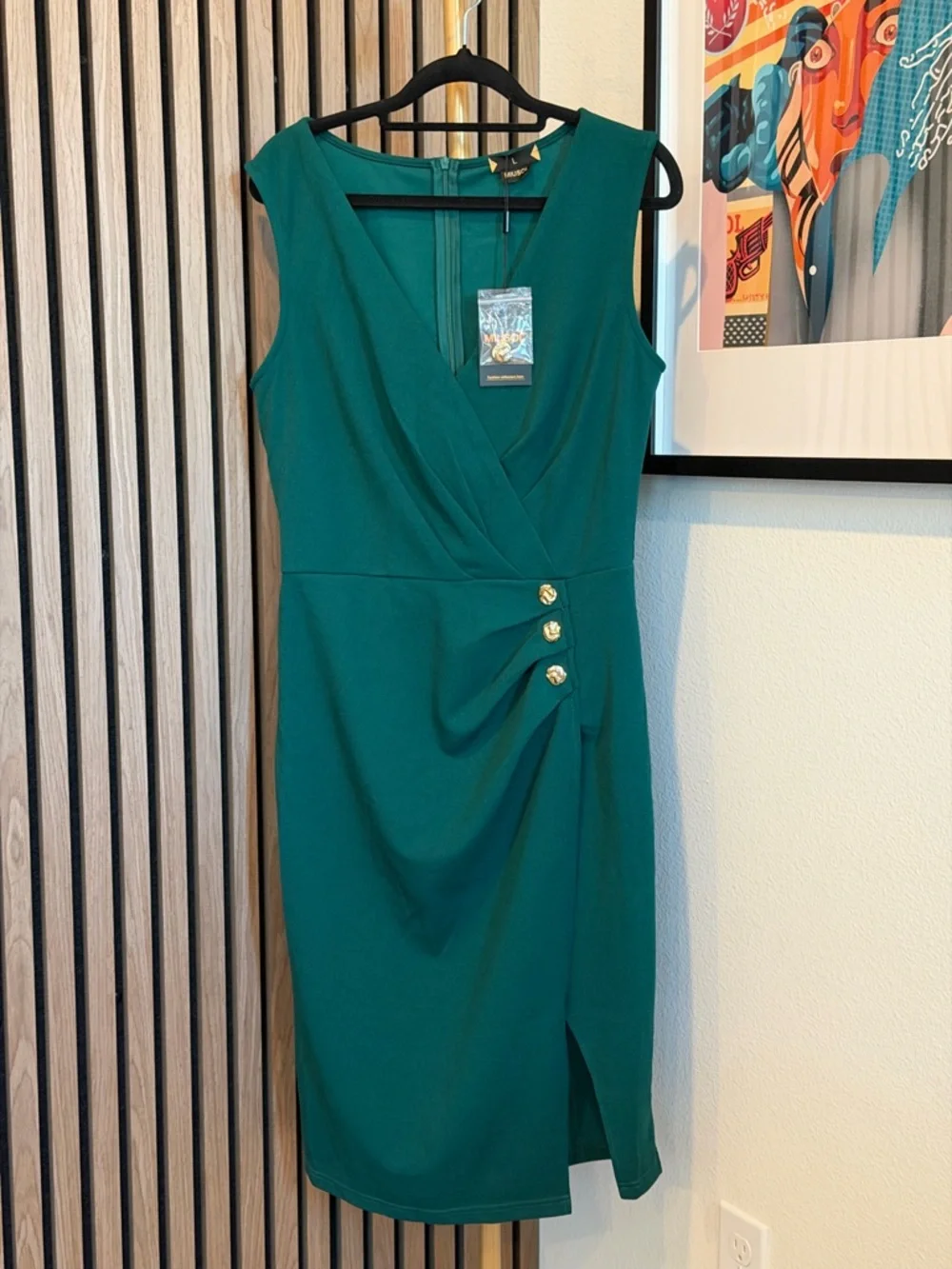 MIUSOL Emerald Green Sheath Dress with ruching and gold buttons SZ L - Picture 1 of 8